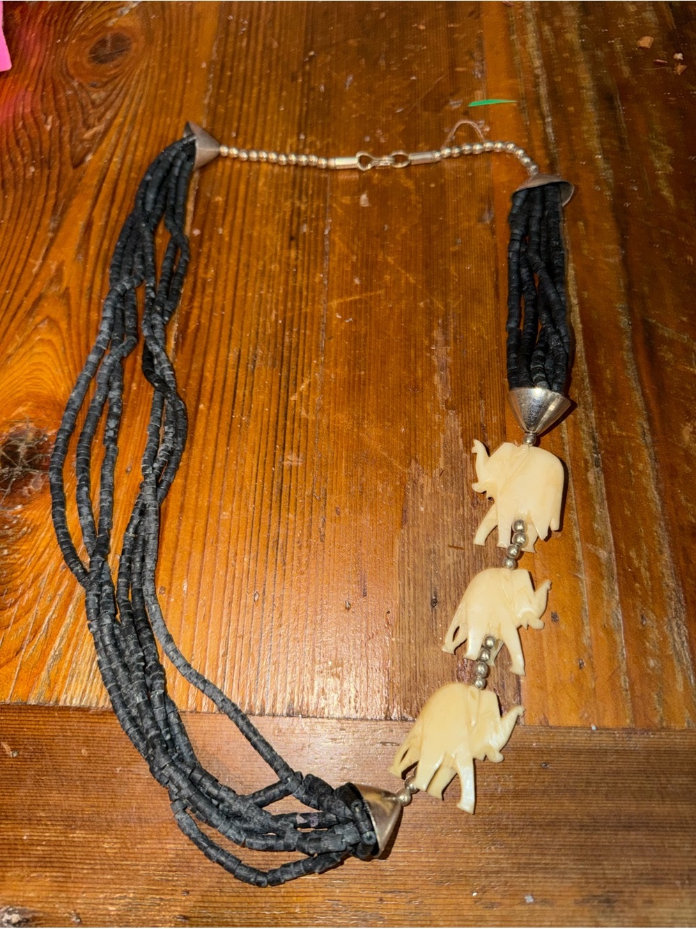 Vintage Hand-Carved Ivory Elephant Multi-Strand Necklace Real Ivory, Tribal Boho